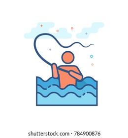 Fishing icon in outlined flat color style. Vector illustration.