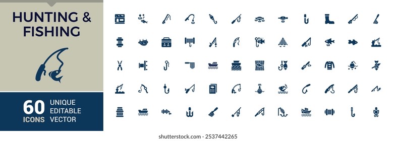 Fishing icon pack. Containing equipment, compass, fishery, ocean, animal and more. Minimal filled icons. Vector illustration in modern solid style.