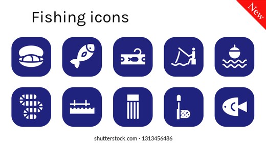fishing icon set. 10 filled fishing icons.  Collection Of - Mussel, Fish, Tuna, Fishing, Float, Worm, Pier, Net