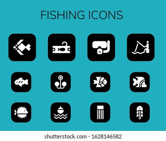 fishing icon set. 12 filled fishing icons.  Simple modern icons such as: Fish, Puffer fish, Tuna, Bait, Float, Dive, Fishing