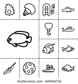 Fishing icon. set of 13 outline fishing icons such as fish, boat, hook, extinct sea creature, extinct fish, fishing rod