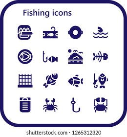  fishing icon set. 16 filled fishing icons. Simple modern icons about  - Fish, Tuna, Float, Shark, Fishing, Sea, Fish bone, Net, Sleeping bag, Crab, Hook