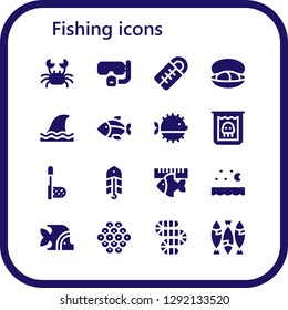  fishing icon set. 16 filled fishing icons. Simple modern icons about  - Crab, Dive, Sleeping bag, Mussel, Shark, Fish, Puffer fish, Creature, Net, Bait, Sea, Caviar, Worm