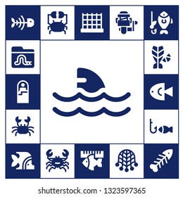 fishing icon set. 17 filled fishing icons.  Collection Of - Fish bone, Worm, Sleeping bag, Shark, Crab, Fish, Fishing, Net, reel, Fishbone