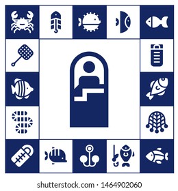fishing icon set. 17 filled fishing icons.  Simple modern icons about  - Crab, Net, Fish, Sleeping bag, Worm, Bait, Puffer fish, Fishing
