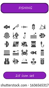 fishing icon set. 25 filled fishing icons. Included Fish, Net, Swordfish, Bait, Fishing, Hook, Sea, Dive, line, rod, Crab, Float, Lifejacket, Sleeping bag icons