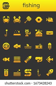 fishing icon set. 26 filled fishing icons. Included Crab, Fish, Net, Float, Hook, Sea, Shark, Tuna, Bait, Fishbone, Dive, Sleeping bag, Worm icons