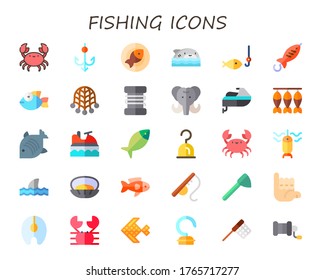 Fishing Icon Set. 30 Flat Fishing Icons.  Simple Modern Icons Such As: Crab, Hook, Fish, Shark, Net, Fishing Line, Mammoth, Jet Ski, Dried Fish, Oyster, Rod, Surfer, Salmon