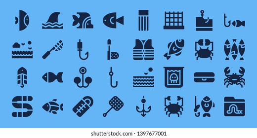 fishing icon set. 32 filled fishing icons. on blue background style Collection Of - Fish, Sea, Bait, Worm, Shark, Net, Fishing rod, Sleeping bag, Hook, Float, Lifejacket, Creature