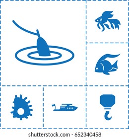 Fishing icon. set of 6 fishing filled icons such as fish, boat, hook, fishing