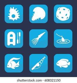Fishing icon. set of 9 filled fishing icons such as fish, extinct sea creature