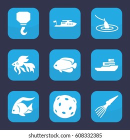 Fishing icon. set of 9 filled fishing icons such as fish, boat, hook, fishing