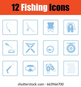 Fishing icon set. Blue frame design. Vector illustration.