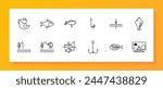 Fishing icon set. Camping, skeleton, fishing line, fisherman, sea, pond, catch, hook, float, hook, underwater creature, perch, silhouette, . Active recreation concept. Vector line icon.
