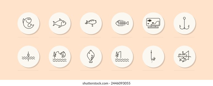 Fishing icon set. Camping, skeleton, fishing line, fisherman, sea, pond, catch, hook, float, hook, underwater creature, perch, silhouette, pastel. Active recreation concept. Vector line icon.