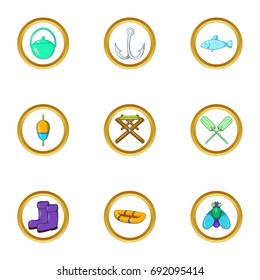 Fishing icon set. Cartoon set of 9 fishing vector icons for web isolated on white background
