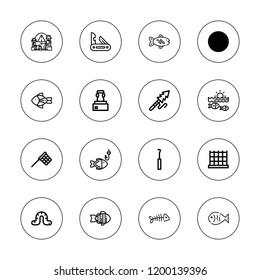 Fishing icon set. collection of 16 outline fishing icons with camping, fish bone, fish, hook, harpoon, jackknife, net, vessel icons.