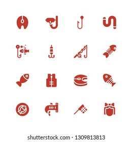 fishing icon set. Collection of 16 filled fishing icons included Troglodyte, Net, Shark, Fish, Fish bone, Salmon, Lifejacket, Fishing, Hook, Worm, Dive
