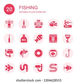 fishing icon set. Collection of 20 filled fishing icons included Fishing, Hook, Aqualung, Fish, Water ski, Scuba diving, Shark, Float, Worm, Dive, Eel
