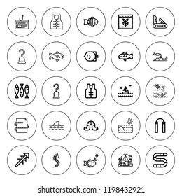 Fishing icon set. collection of 25 outline fishing icons with camping, fish, hook, hooks, fishing, lifejacket, harpoon, jackknife, nunchaku, sea, shark icons. editable icons.