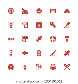 fishing icon set. Collection of 25 filled fishing icons included Oar, Troglodyte, Fishing, Salmon, Shark, Inflatable boat, Fish, Hook, Diving, Scuba diving, Fish bones, Harpoon