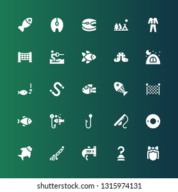 fishing icon set. Collection of 25 filled fishing icons included Troglodyte, Hook, Shark, Fishing rod, Fish, Float, net, Fish bone, Worm, Camping, Water ski, Net