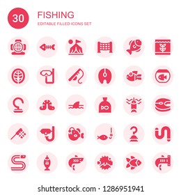 fishing icon set. Collection of 30 filled fishing icons included Aqualung, Fish bones, Camp, Net, Fish, Salmon, Dive, Fishing rod, Hook, Worm, Shark, Angler, Eel, Blowfish