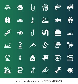 fishing icon set. Collection of 36 filled icons included Fish, Fish bone, Fishing rod, Fishing hook, Eel, Camping, Floating, Hook, Fishing, Scuba diving, Worm, Net, Lifejacket