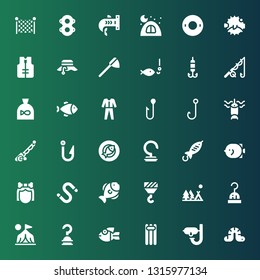 fishing icon set. Collection of 36 filled fishing icons included Worm, Dive, Floating, Fish, Hook, Camp, Camping, Troglodyte, Fishing rod, Diving, Net, Fisherman, Lifejacket