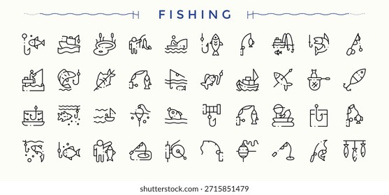 Symbol für Angeln. Enthalten lineare Symbole Jagd, Meer, Erholung, Fischer, Aktivität, im Freien und mehr. Vektorsymbol-Set suchen. Minimalistische Vektorsammlungen. Vektorgrafik.