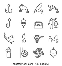 Fishing Icon Set. Contains such Icons as Fish Hook, Net, Fishing Pole, Tackle Box and more. Expanded Stroke