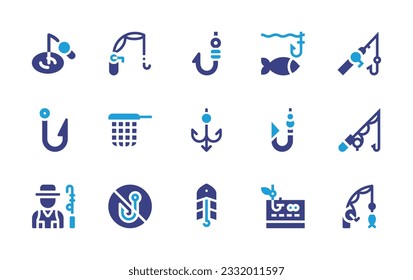 Fishing icon set. Duotone color. Vector illustration. Containing ice fishing, rod, fish hook, bait, hook, net, fisherman, no fishing, cheque, rod.