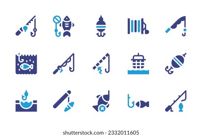 Fishing icon set. Duotone color. Vector illustration. Containing fishing rod, no fishing, baits, reel, net.