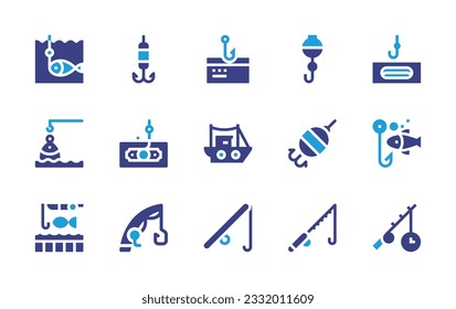 Fishing icon set. Duotone color. Vector illustration. Containing fishing, hook, float, fishing rod, fish, money, boat, fishing baits.