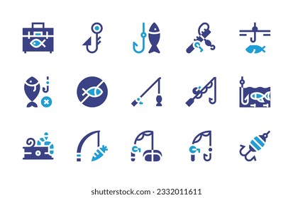 Fishing icon set. Duotone color. Vector illustration. Containing baits, hook, fishing, no fishing, fishing rod, bait, rod.