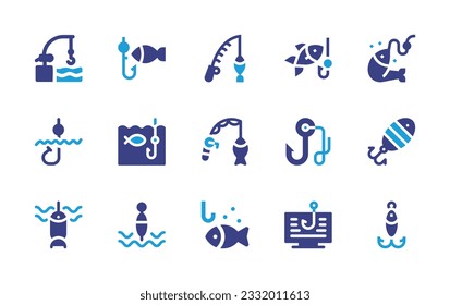 Fishing icon set. Duotone color. Vector illustration. Containing fishing, bait, fishing rod, hook, buoy, phishing.