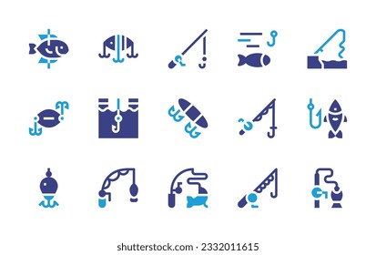 Fishing icon set. Duotone color. Vector illustration. Containing fishing, baits, bait, ice, rod, rod.