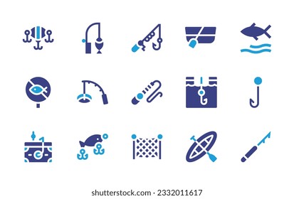 Fishing icon set. Duotone color. Vector illustration. Containing fishing baits, rod, boat, fish, no fishing, fishing, ice, hook, cashback, bait, net, harpoon.