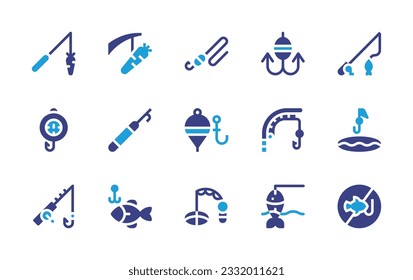 Fishing icon set. Duotone color. Vector illustration. Containing carrot, carrot and stick, fishing rod, fishing hook, scale, harpoon, fishing.