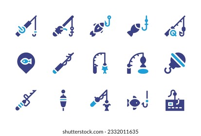 Fishing icon set. Duotone color. Vector illustration. Containing fishing, fishing rod, fish, harpoon, ice fishing, hook, floating, phishing.