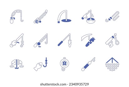 Fishing icon set. Duotone style line stroke and bold. Vector illustration. Containing fishing rod, fishing, carrot, carrot and stick, harpoon, fishing baits, scale, net.