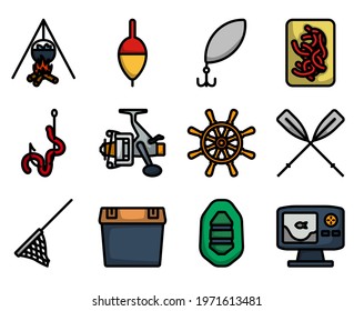 Juego de iconos de pesca. Contorno de negrita editable con diseño de relleno de color. Ilustración vectorial.