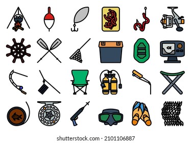 Fishing Icon Set. Editable Bold Outline With Color Fill Design. Vector Illustration.