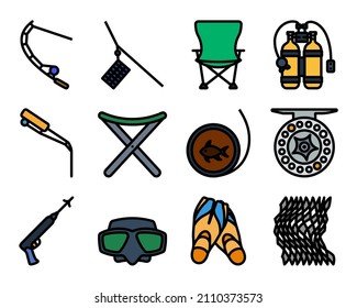 Fishing Icon Set. Editable Bold Outline With Color Fill Design. Vector Illustration.
