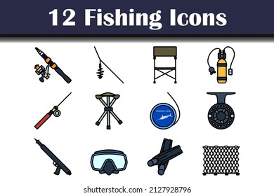 Juego de iconos de pesca. Contorno de negrita editable con diseño de relleno de color. Ilustración vectorial.