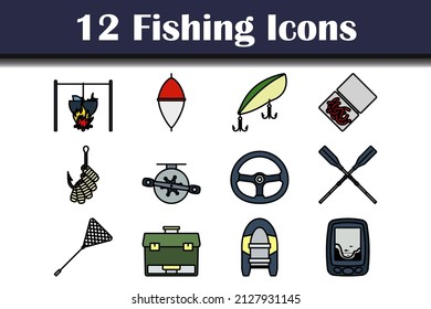 Fishing Icon Set. Editable Bold Outline With Color Fill Design. Vector Illustration.