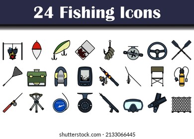 Fishing Icon Set. Editable Bold Outline With Color Fill Design. Vector Illustration.