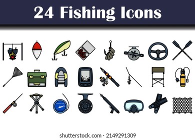Fishing Icon Set. Editable Bold Outline With Color Fill Design. Vector Illustration.