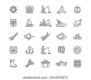 Fishing Icon Set Editable Stroke. Contains such icons as Fishing Boat, Hiking, Summer Camp, Fisherman, Fishing jacket