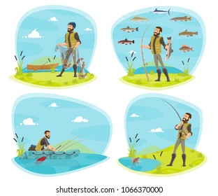 Fishing icon set with fisherman and fish. Fisherman fishing from boat and river bank with rod, net and spinning, marlin fish, pike and perch on hook cartoon design for fishing sport themes design